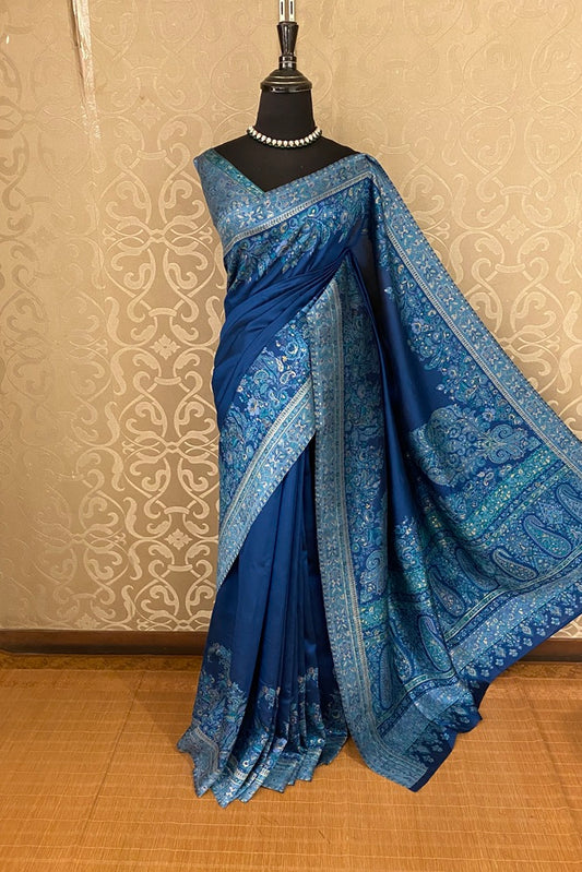 Deep Blue Pure Kani Handloom Silk Saree With Floral Woven Blouse
