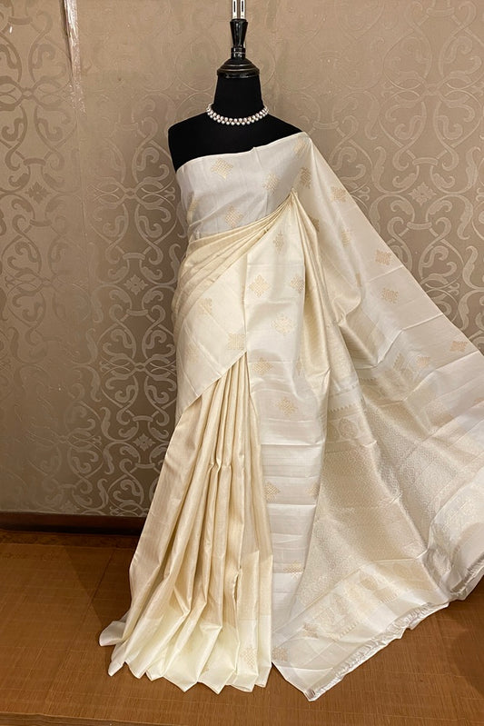 Offwhite Pure Kanjeevaram Silk Saree, With Unstiched Blouse