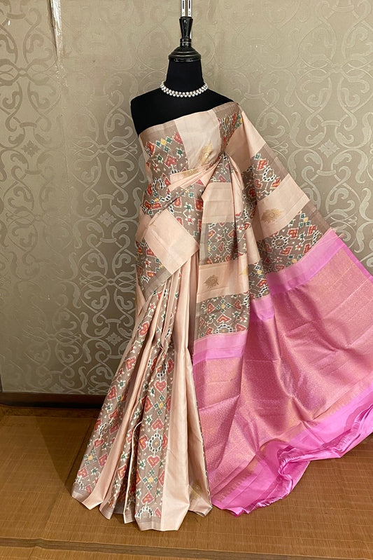 Peach & Beige Pure Ikat Kanjeevaram Silk Saree, With Unstiched Blouse