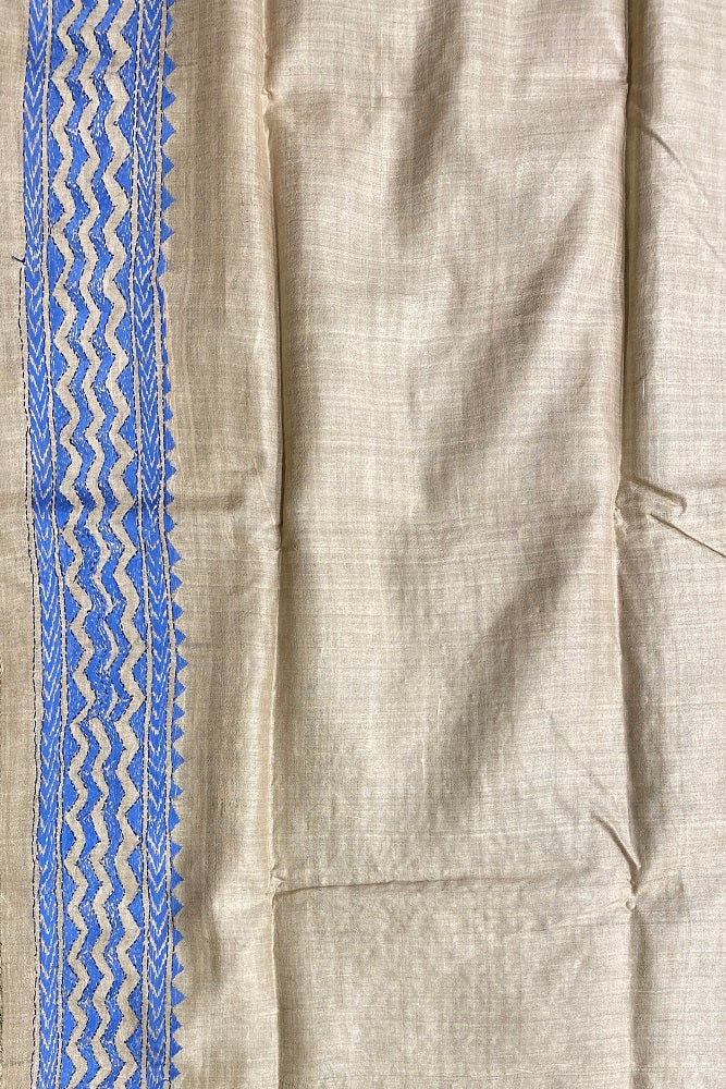 Offwhite Blue Tussar Embroidery Saree With Kantha Work Border, With Unstitched Blouse
