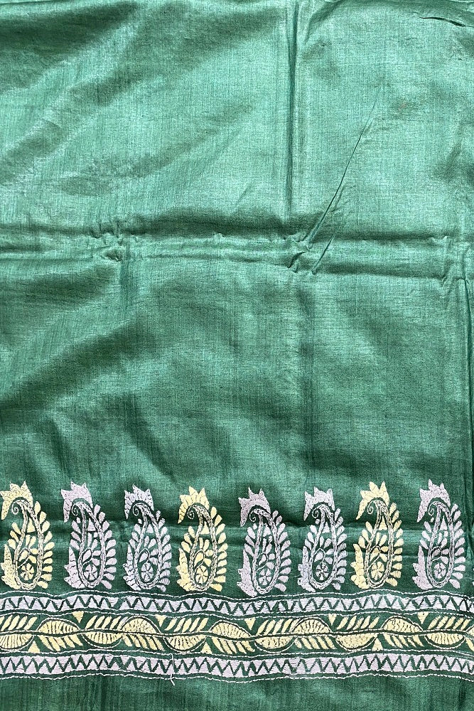 Violet & Green Tussar Embroidery Saree With Kantha Work Border, With Unstitched Blouse