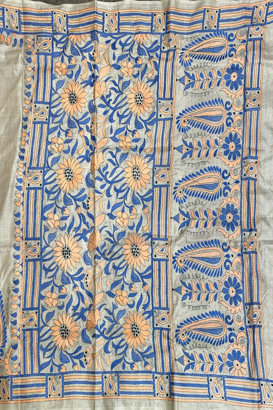 Offwhite Blue Tussar Embroidery Saree With Kantha Work Border, With Unstitched Blouse