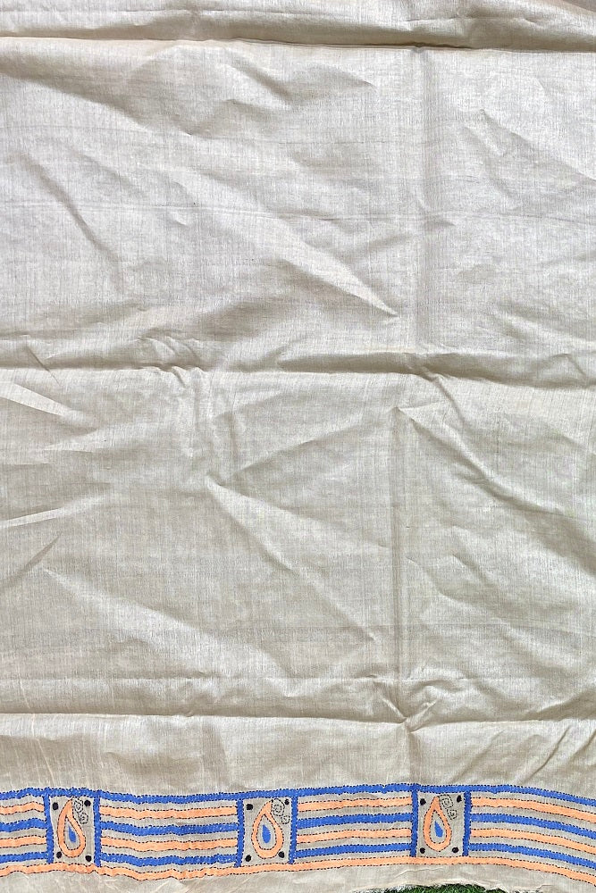 Offwhite Blue Tussar Embroidery Saree With Kantha Work Border, With Unstitched Blouse