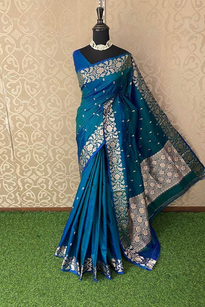 Peacock Blue Katan Silk Banarasi Hand Weaving Saree With Blouse