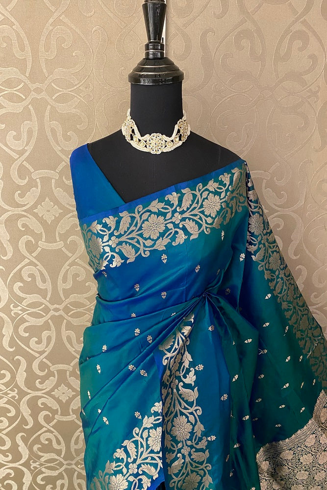 Peacock Blue Katan Silk Banarasi Hand Weaving Saree With Blouse