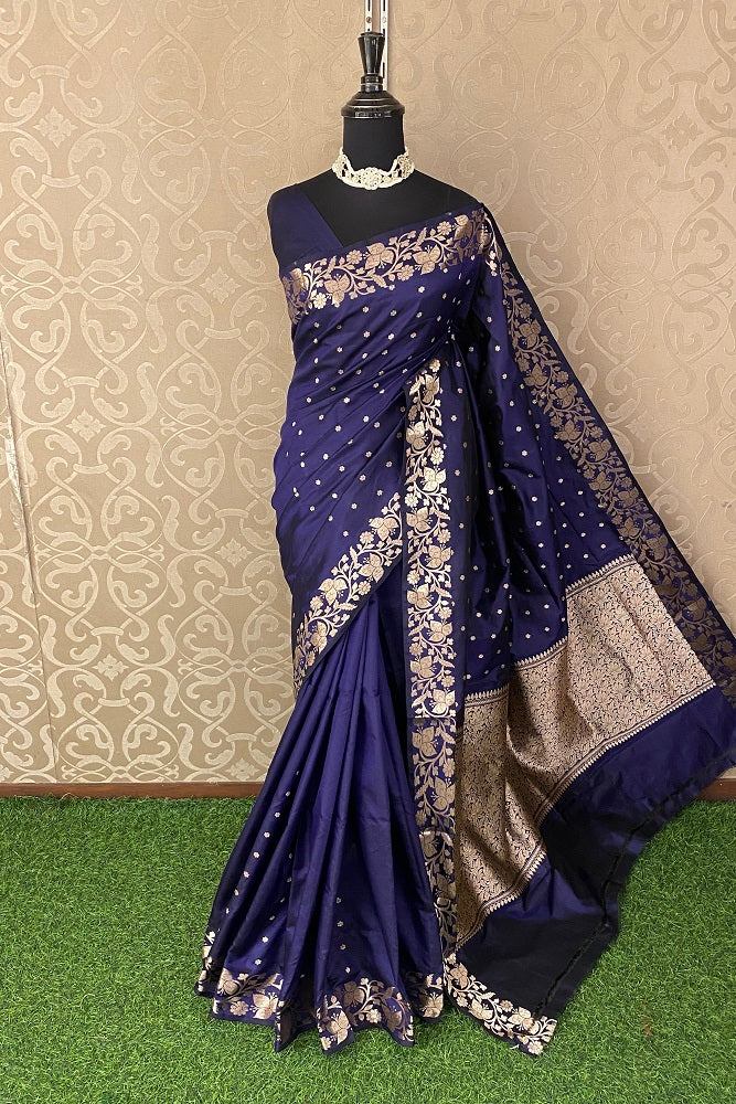 Navy Blue Katan Silk Banarasi Hand Weaving Saree With Blouse