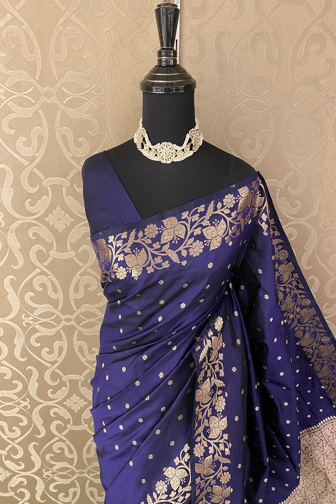 Navy Blue Katan Silk Banarasi Hand Weaving Saree With Blouse