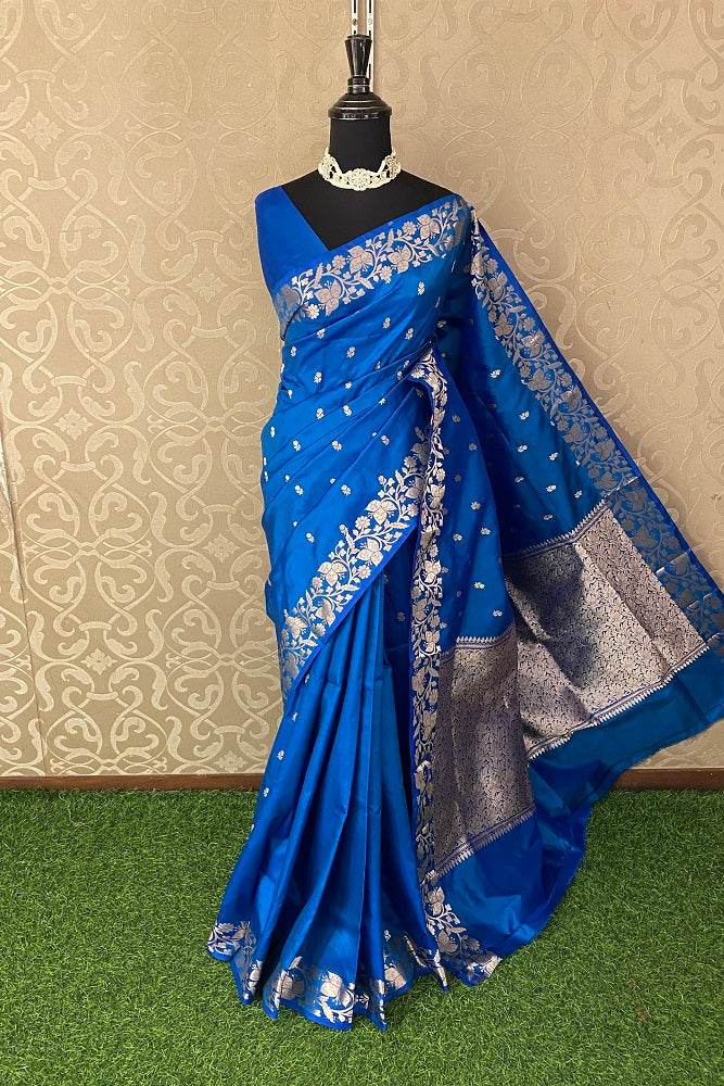 Peacock Blue Katan Silk Banarasi Hand Weaving Saree With Blouse