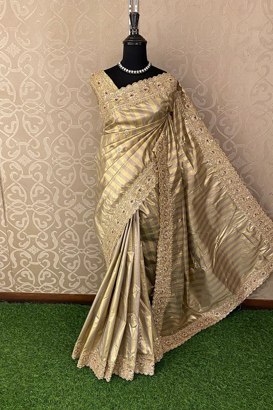 Green & Silver Tissue Banarasi Embroidery Saree, With Unstiched Blouse