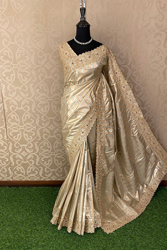 Golden & Silver Tissue Banarasi Embroidery Saree, With Unstiched Blouse