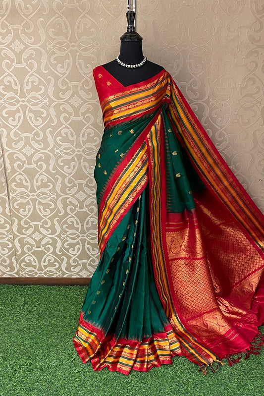 Forest Green Gadwal Silk Saree With Unstiched Contrast Blouse
