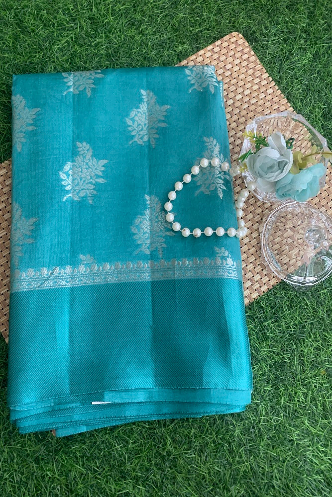 Turquoise Chiniya Silk Saree With Hand Woven Butas