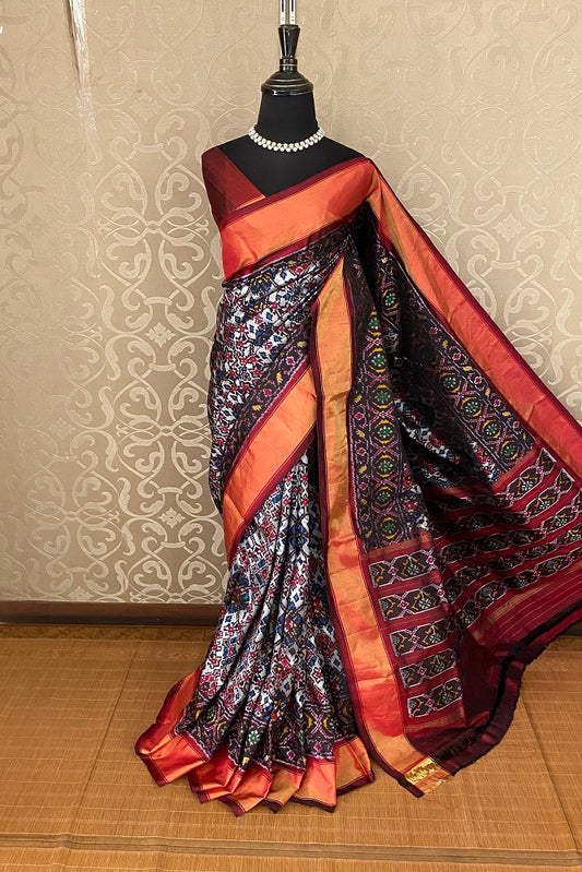 Brown & Multi Pochampally Ikat Silk Saree, White Colour Weaving With Unstiched Blouse - Saarang Sarees