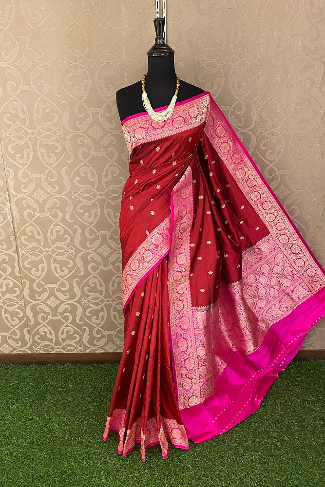 Red Katan Silk Banarasi Hand Weaving Saree With Blouse