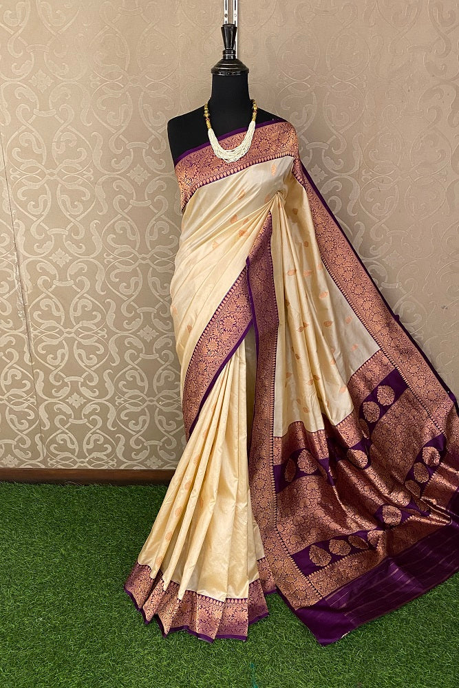 Offwhite Katan Silk Banarasi Hand Weaving Saree With Blouse