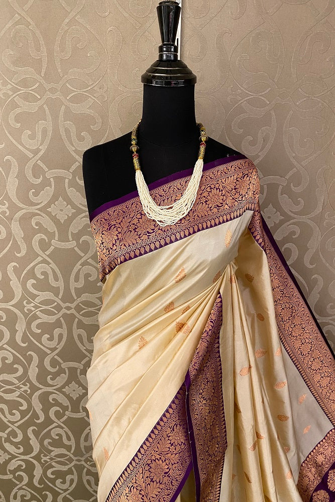 Offwhite Katan Silk Banarasi Hand Weaving Saree With Blouse