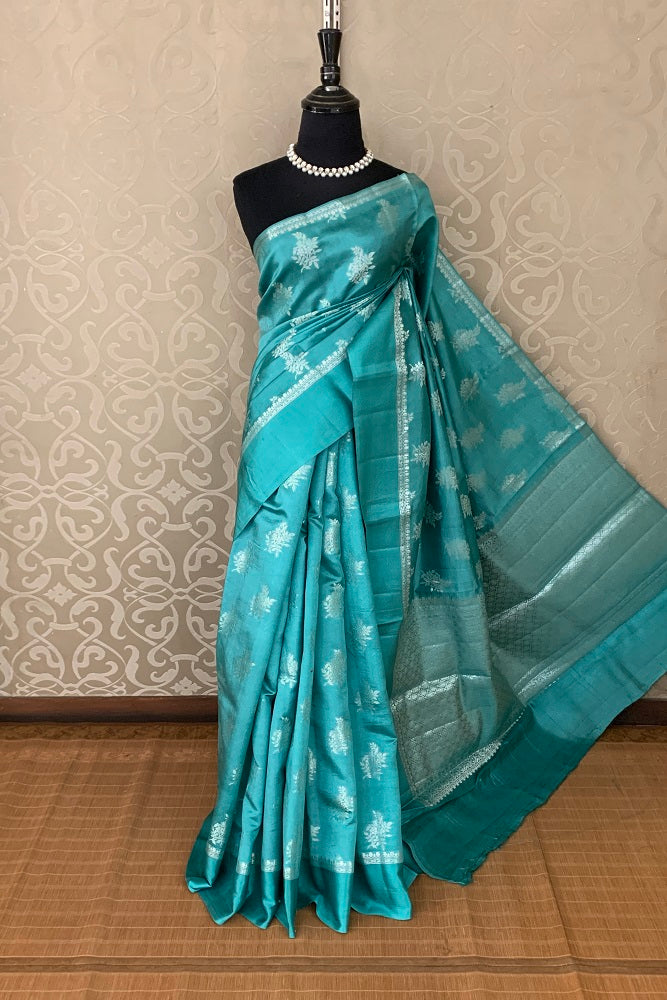 Turquoise Chiniya Silk Saree With Hand Woven Butas
