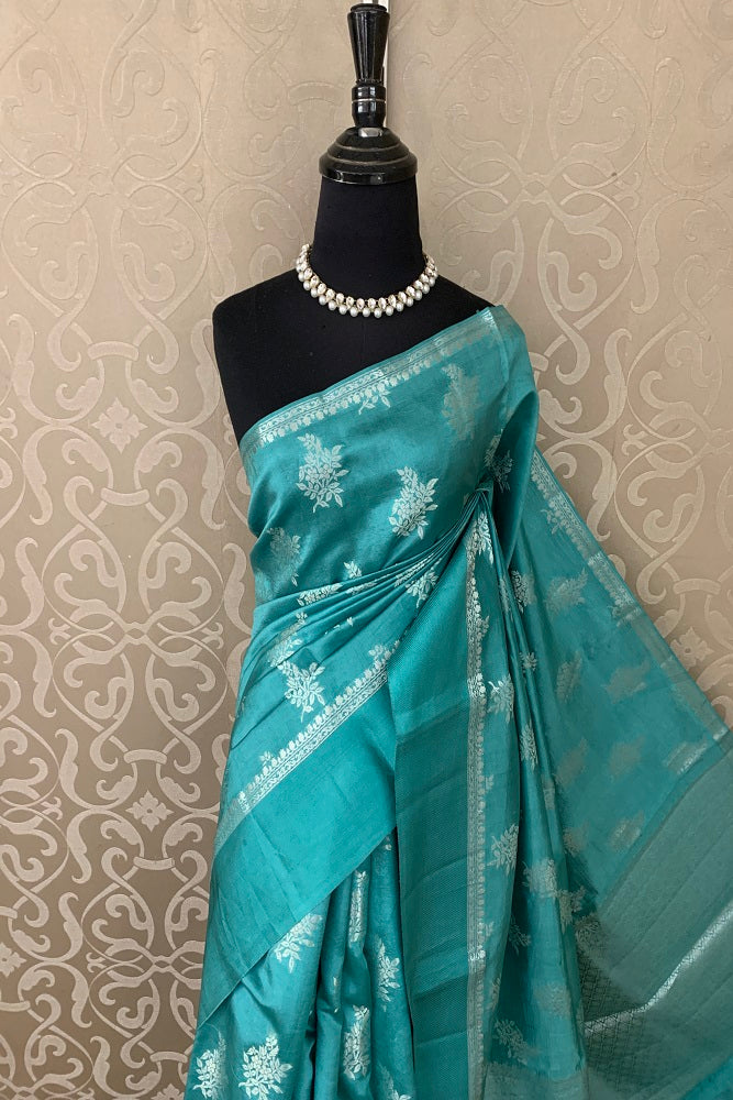 Turquoise Chiniya Silk Saree With Hand Woven Butas