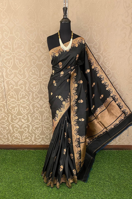 Black Katan Silk Banarasi Hand Weaving Saree With Blouse