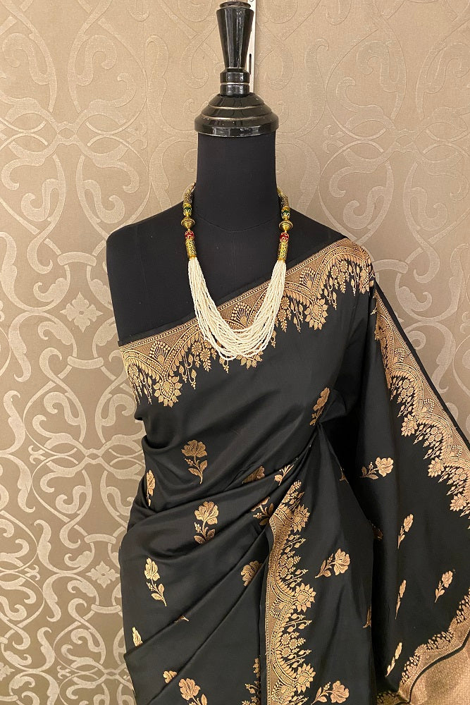 Black Katan Silk Banarasi Hand Weaving Saree With Blouse