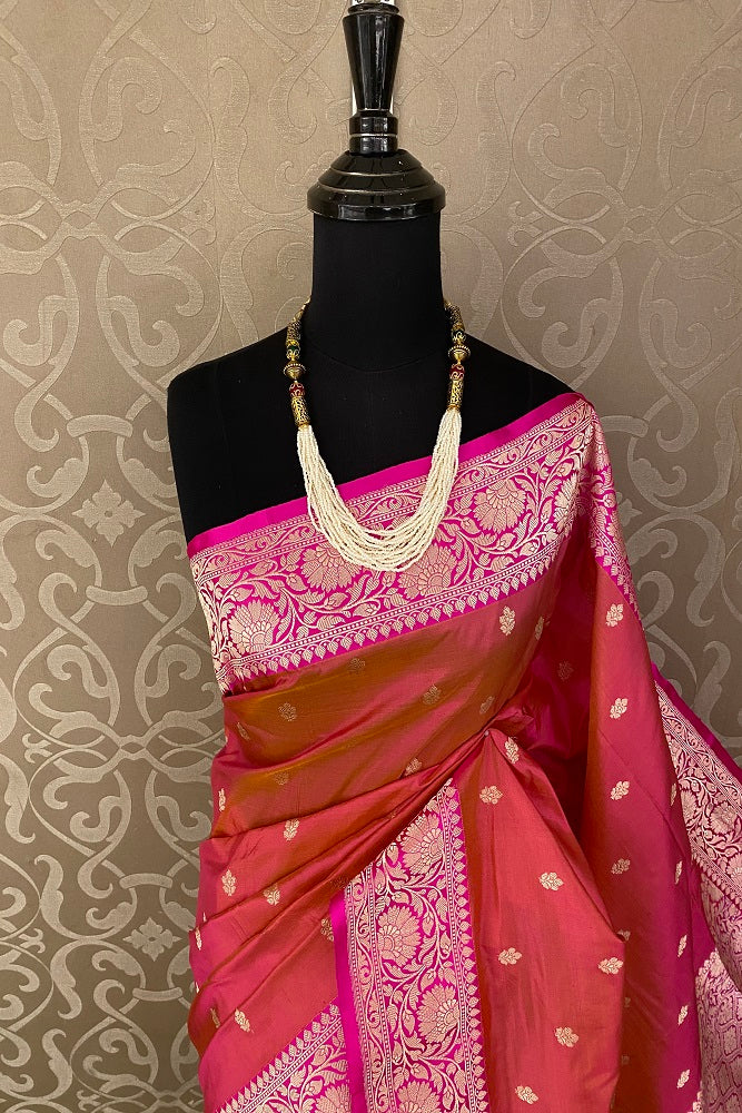 Orange pink Katan Silk Banarasi Hand Weaving Saree With Blouse