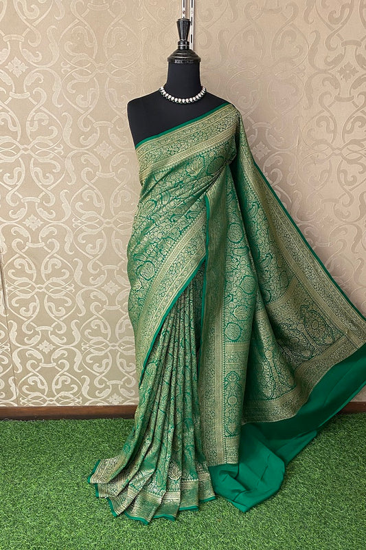 Deep Green Brocket Crepe Silk Party Wear Saree, With Unstitched Blouse