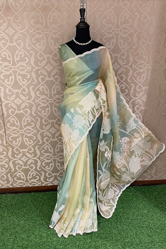 Multi Organza Silk Hand Embroidery Work Saree, With Unstiched Blouse
