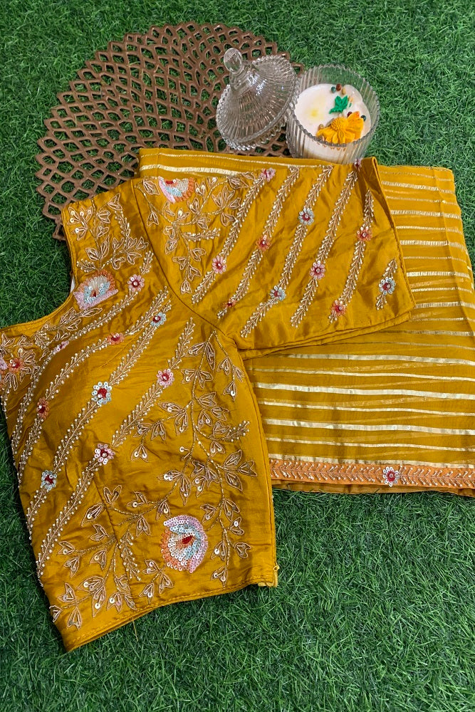 Yellow Organza Silk Saree Hand Embroidery With Readymade Blouse