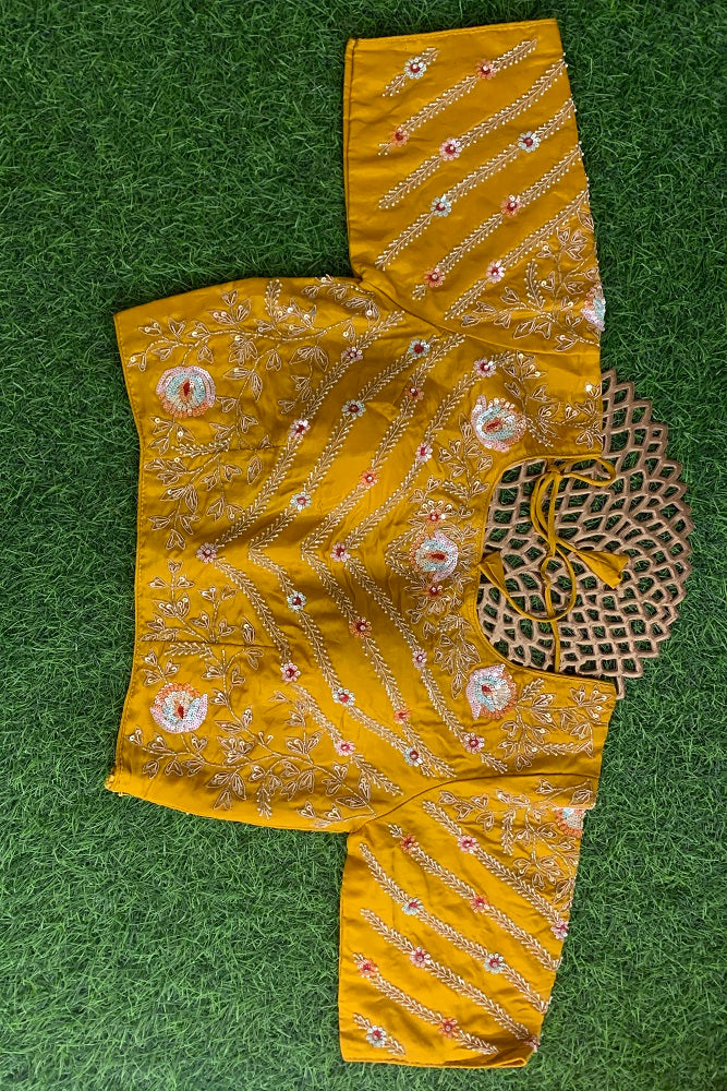 Yellow Organza Silk Saree Hand Embroidery With Readymade Blouse