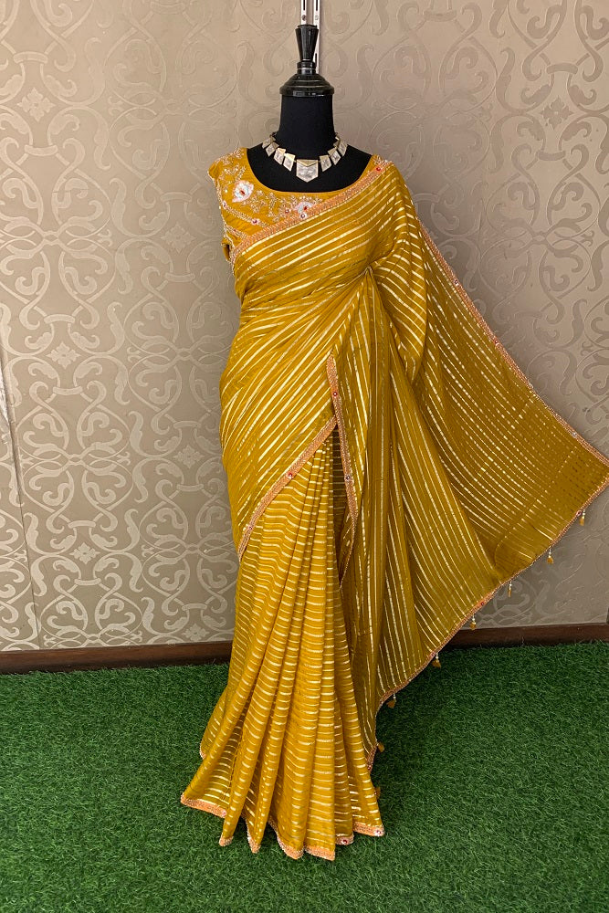Yellow Organza Silk Saree Hand Embroidery With Readymade Blouse