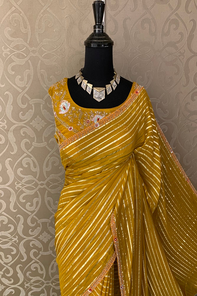Yellow Organza Silk Saree Hand Embroidery With Readymade Blouse