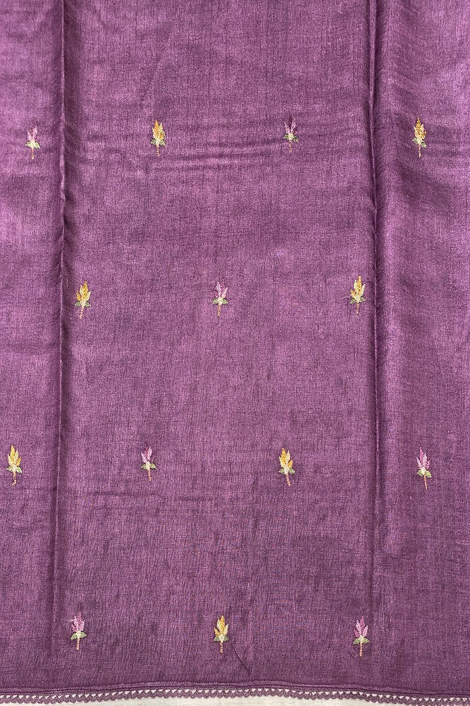 Onion Purple Tussar Embroidery Saree With Applique Work Border, With Unstitched Blouse