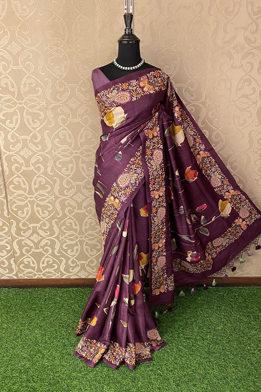 Dark Purple Tussar Printed Cross Stich Saree, With Unstiched Blouse