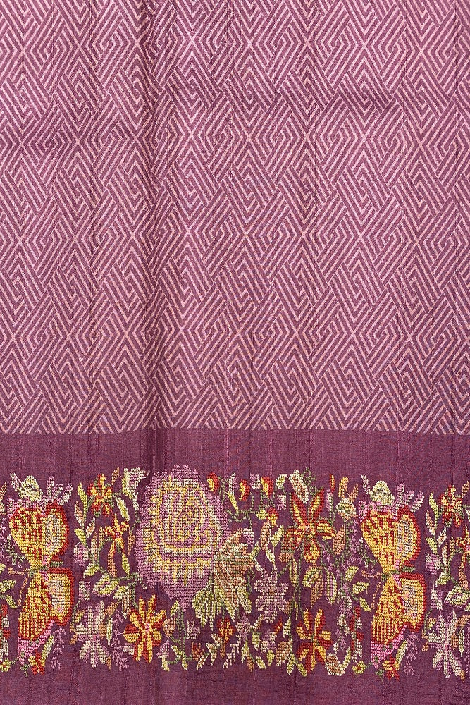 Dark Purple Tussar Printed Cross Stich Saree, With Unstiched Blouse