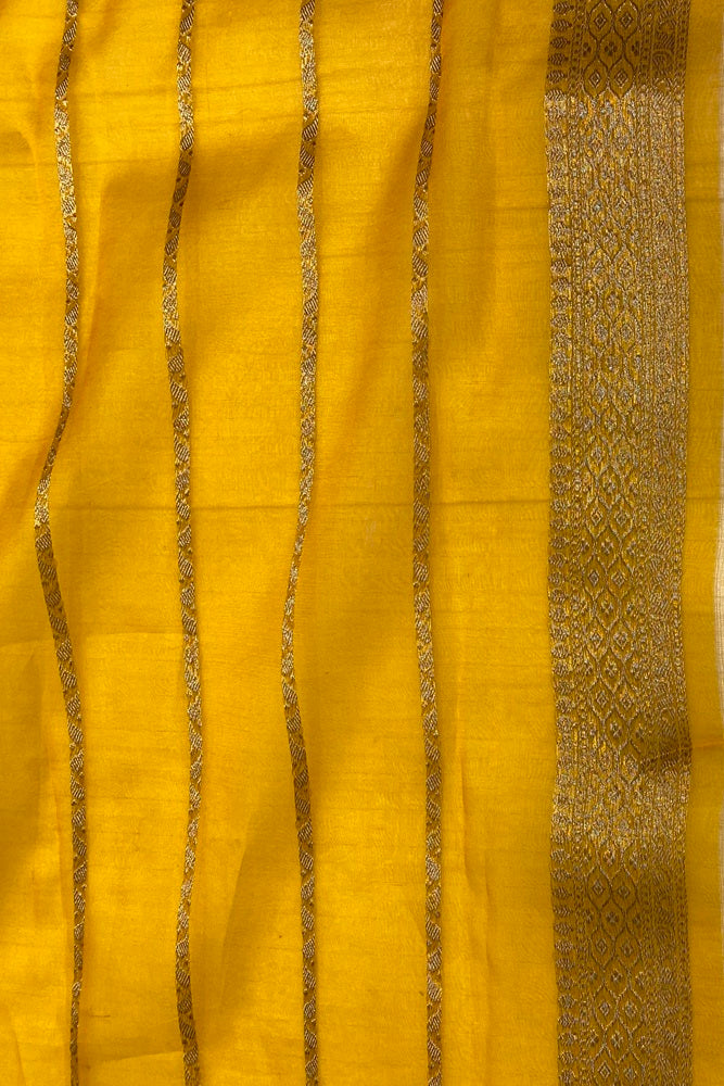 Mustard Yellow Brocade Kora Banarasi Silk Saree, With Unstiched Blouse