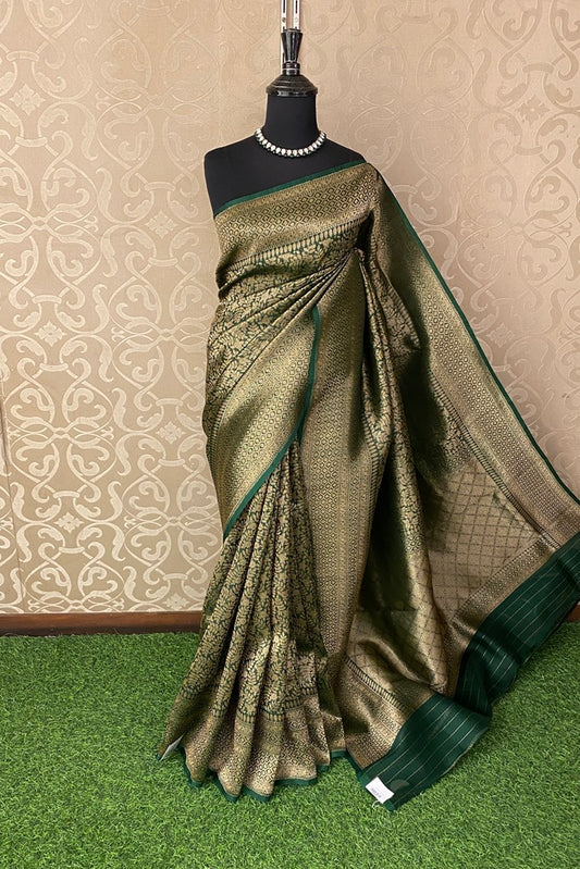 Forest Green Brocade Kora Banarasi Silk Saree, With Unstiched Blouse