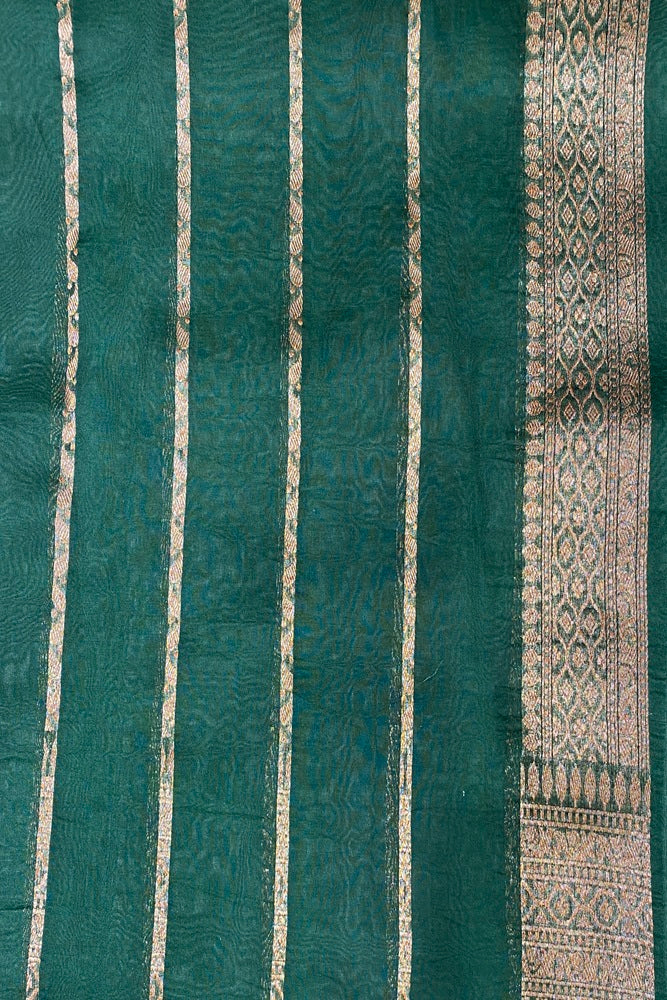 Forest Green Brocade Kora Banarasi Silk Saree, With Unstiched Blouse