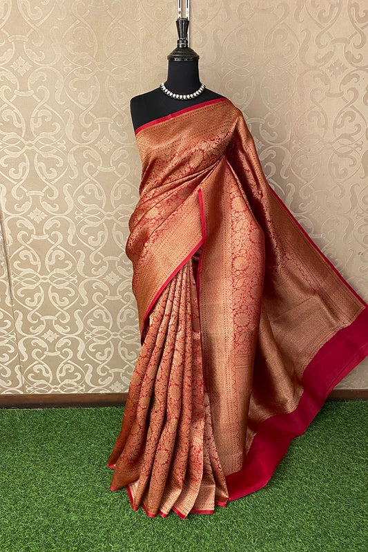 Red Brocade Kora Banarasi Silk Saree, With Unstiched Blouse