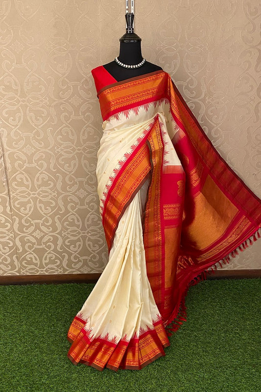 Offwhite Gadwal Silk Saree With Unstiched Contrast Blouse