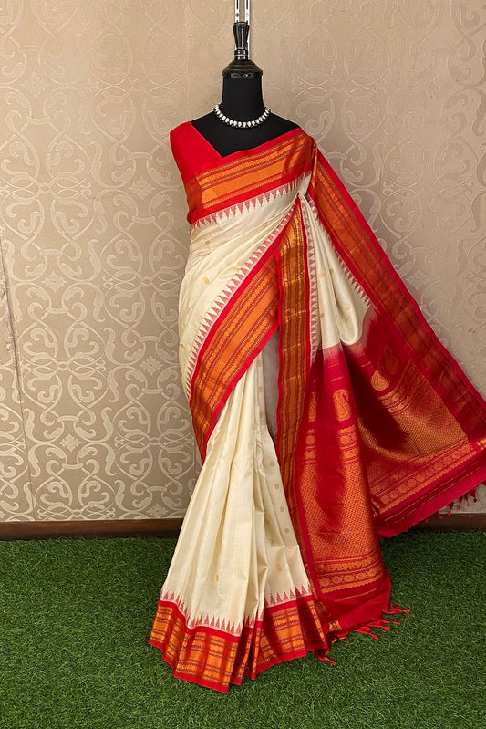 Offwhite Gadwal Silk Saree With Unstiched Contrast Blouse