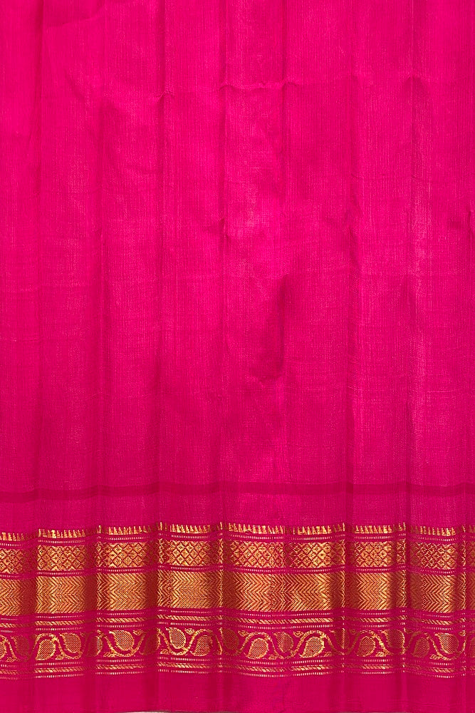 Lime Green Gadwal Silk Saree With Unstiched Contrast Blouse