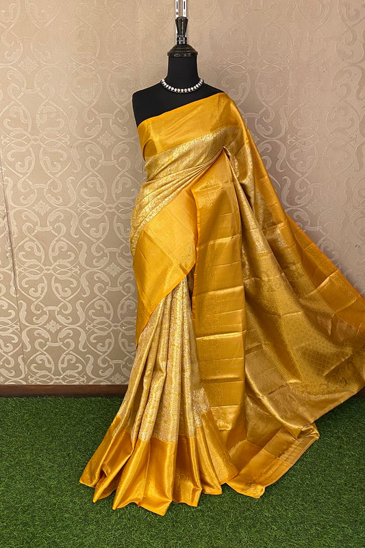 Golden Mustard Yellow Tissue Kanjeevaram Silk Saree, With Unstiched Blouse