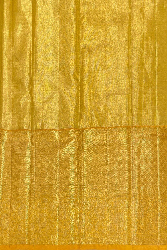 Golden Mustard Yellow Tissue Kanjeevaram Silk Saree, With Unstiched Blouse