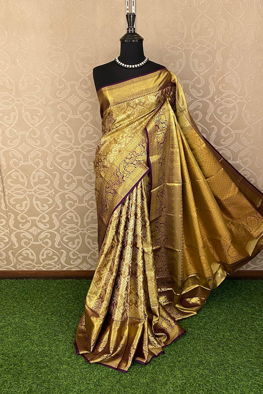 Golden Purple Tissue Kanjeevaram Silk Saree, With Unstiched Blouse