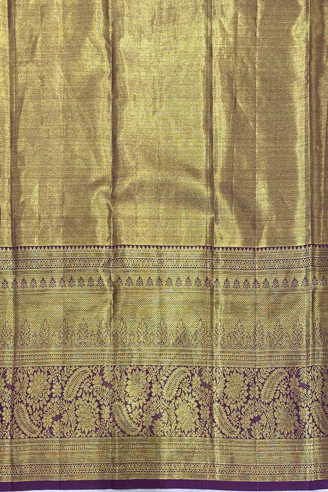 Golden Purple Tissue Kanjeevaram Silk Saree, With Unstiched Blouse