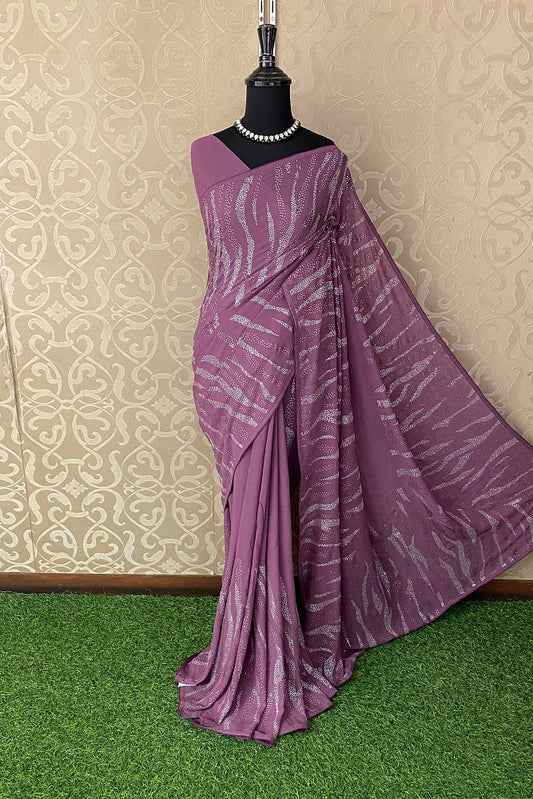 Elegant Purple Georgette Stone Work Saree, With Unstiched Blouse