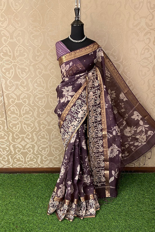 Dark Purple Organza Print & Embroidery Party Wear Saree, With Unstiched Blouse