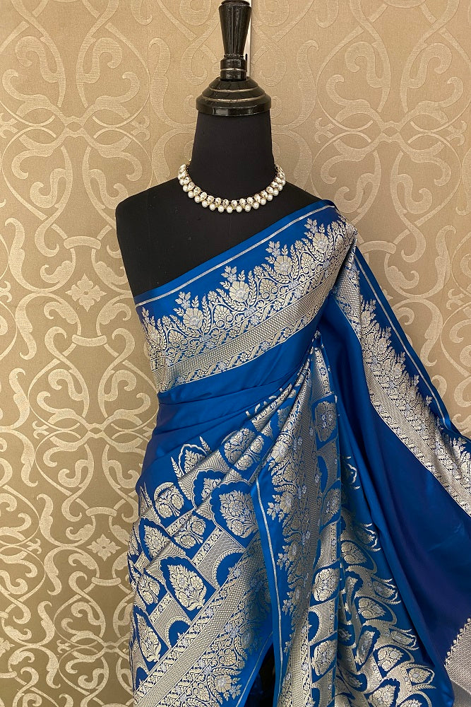 Royal Blue Uppada Silk Saree Weaving Jaal Work With Blouse
