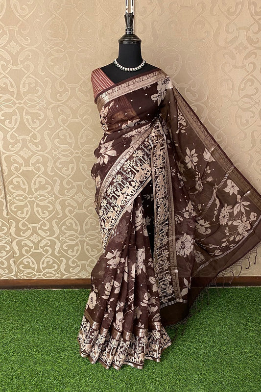 Brown Organza Print & Embroidery Party Wear Saree, With Unstiched Blouse