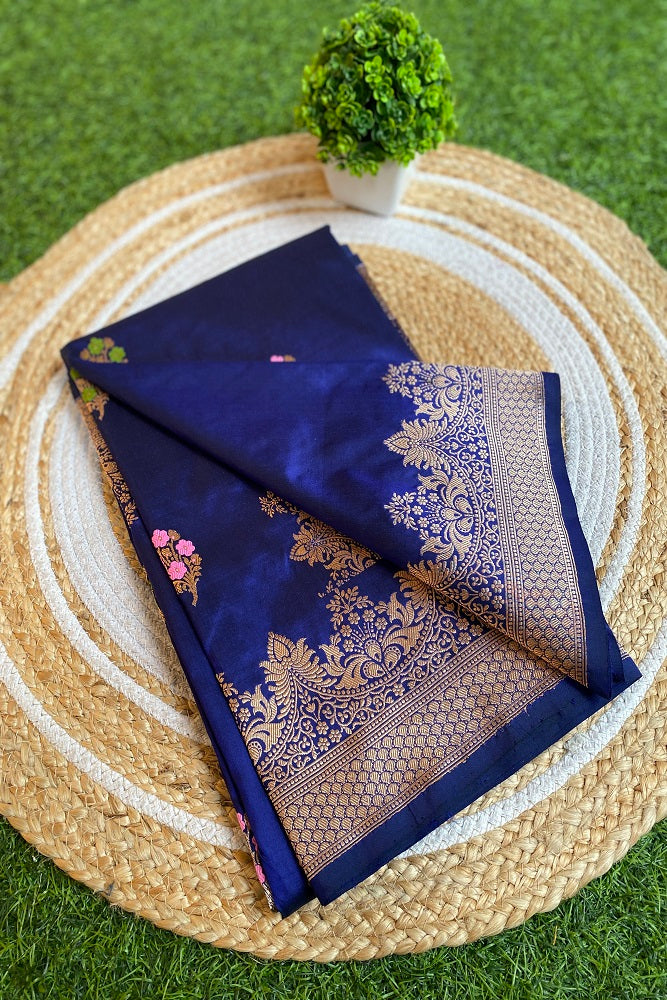 Deep Blue Katan Silk Banarasi Hand Weaving Saree With Blouse
